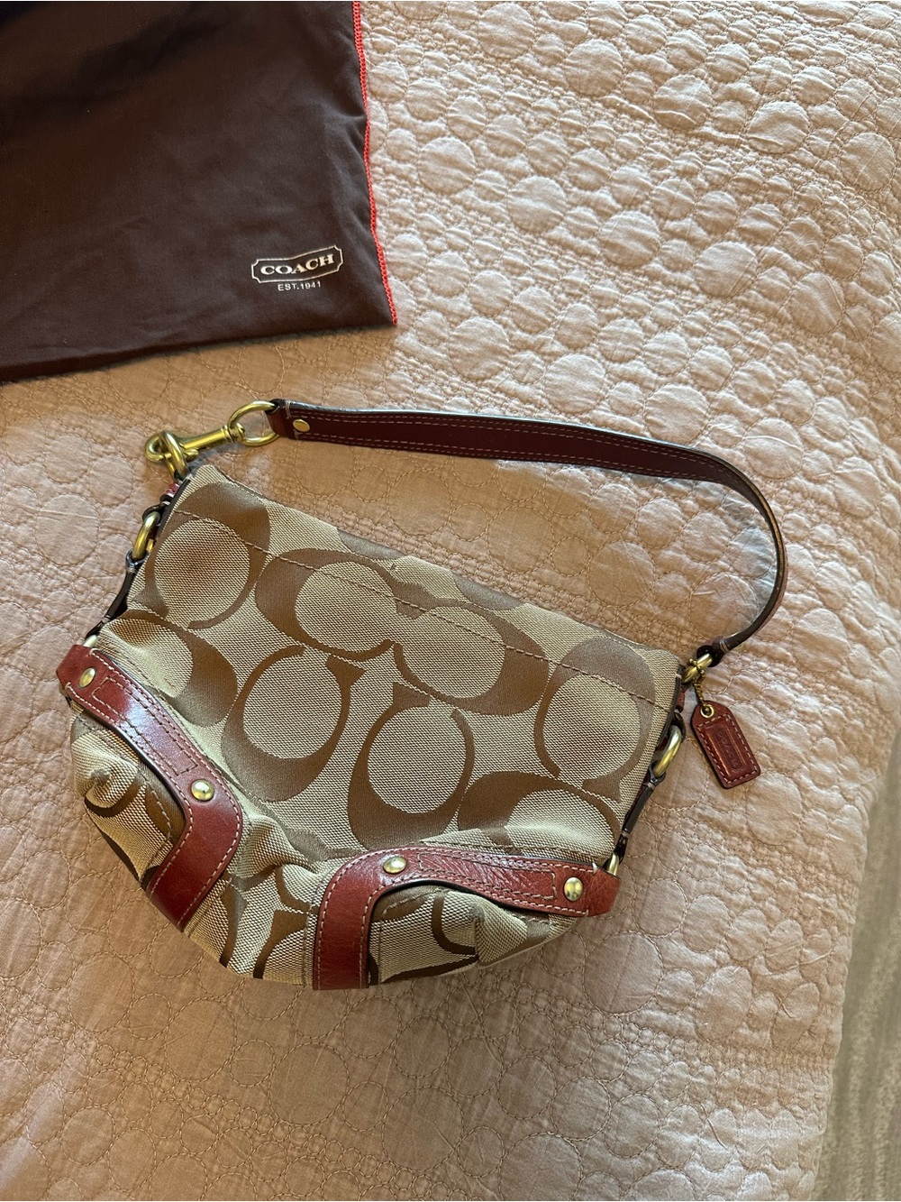 Coach Signature Canvas Shoulder Bag in Tan and Brown